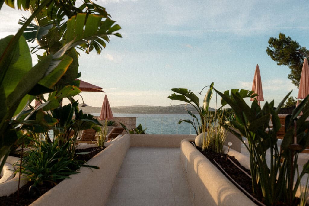Luxury resort pool area in Mallorca at golden hour